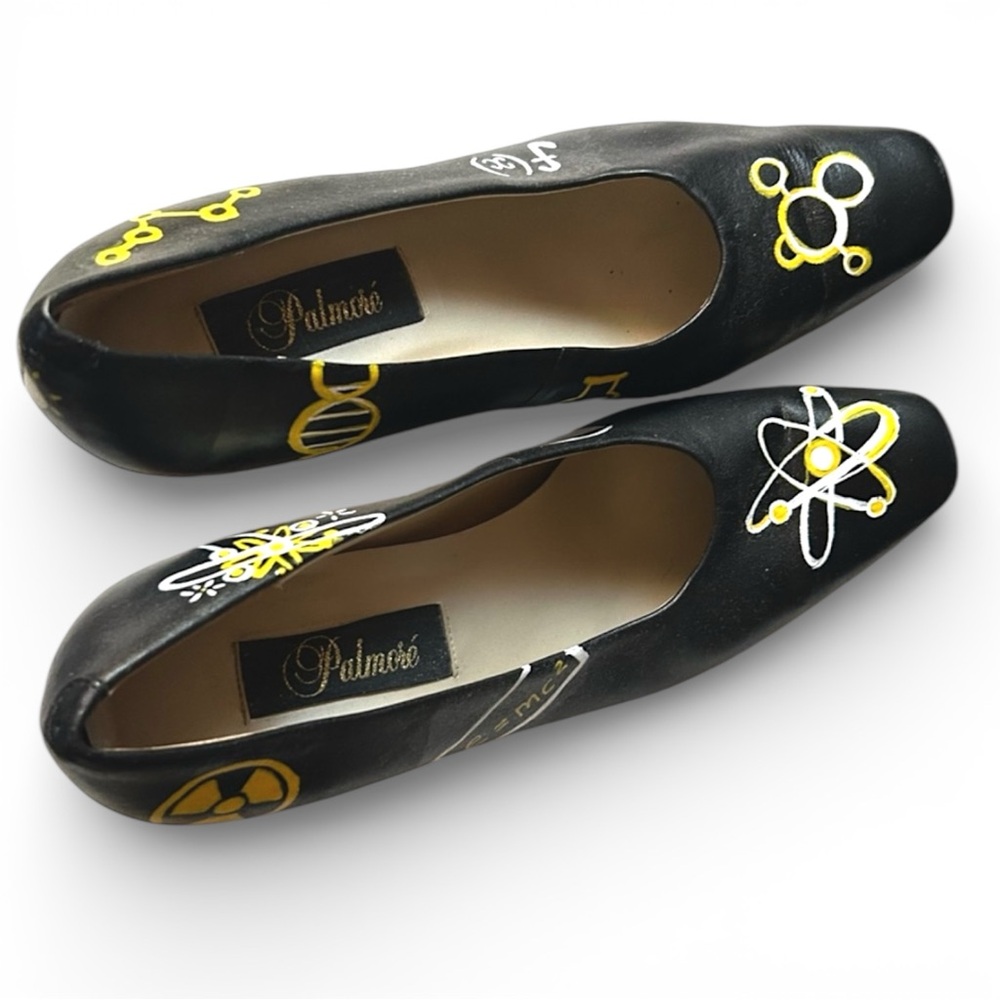 Upcycled 80s Black Pumps White & Yellow Science STEM Symbols Yellow Bottoms 7.5